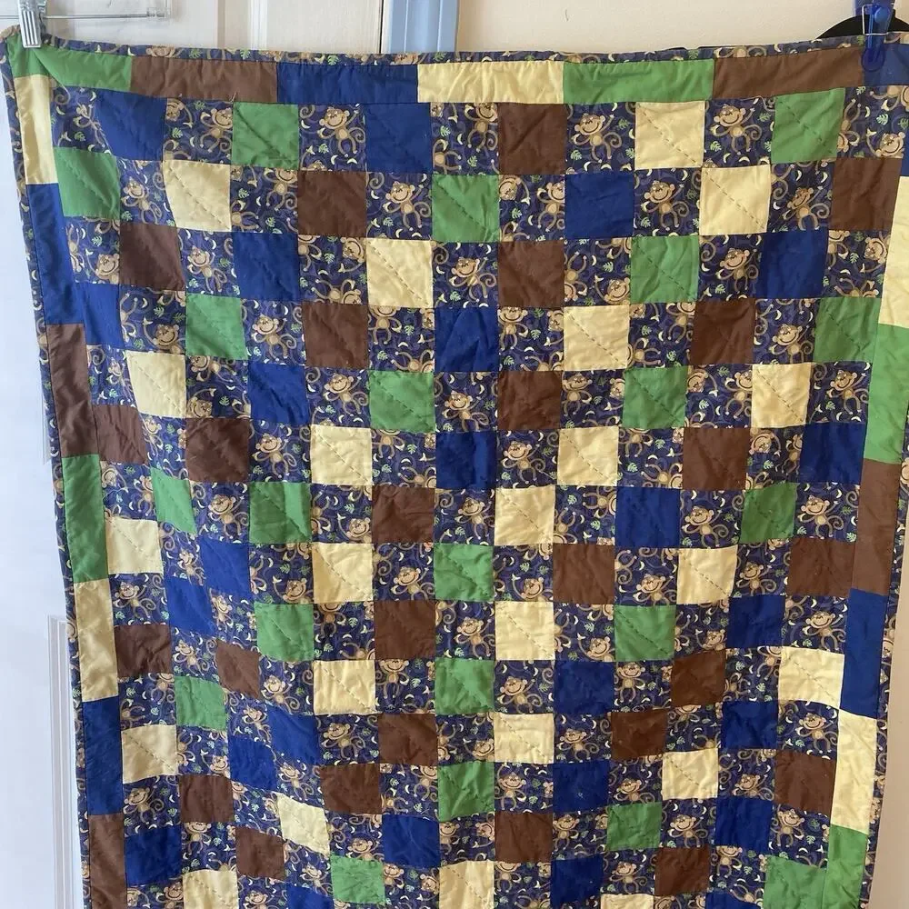 Vintage Hand Sew Quilted Patchwork Baby Blanket Monkey Jungle 52x35” Multicolor